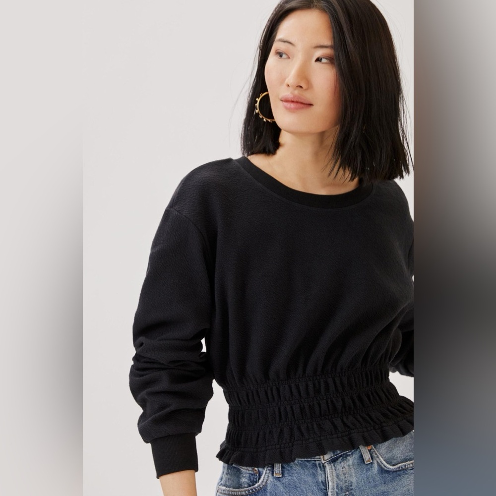 Anthropologie Maeve Smocked Boat Neck Blouse Black Size L